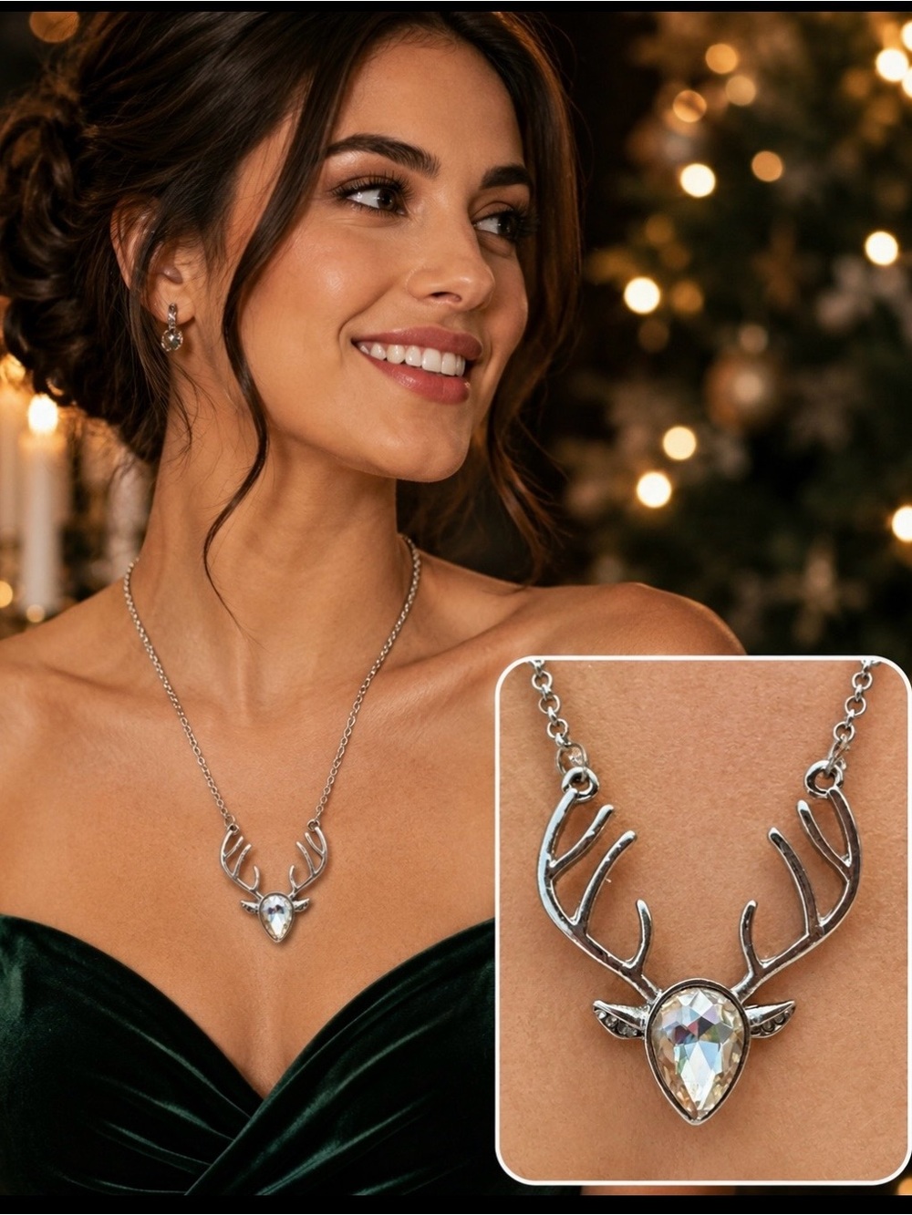 Deer Head pendant necklace with champagne gem center